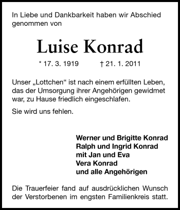 Traueranzeige von Luise Konrad von Darmstädter Echo, Odenwälder Echo, Rüsselsheimer Echo, Groß-Gerauer-Echo, Ried Echo