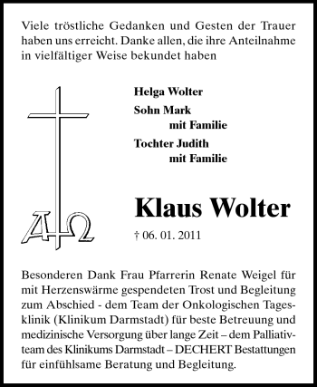 Traueranzeige von Klaus Wolter von Darmstädter Echo, Odenwälder Echo, Rüsselsheimer Echo, Groß-Gerauer-Echo, Ried Echo