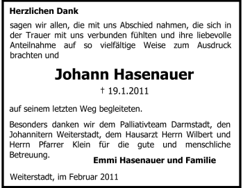 Traueranzeige von Johann Hasenauer von Echo-Zeitungen (Gesamtausgabe)
