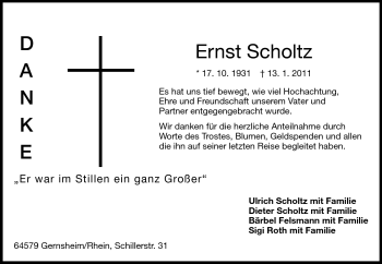 Traueranzeige von Ernst Scholtz von Echo-Zeitungen (Gesamtausgabe)
