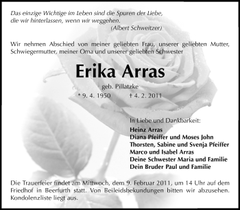 Traueranzeige von Erika Arras von Darmstädter Echo, Odenwälder Echo, Rüsselsheimer Echo, Groß-Gerauer-Echo, Ried Echo