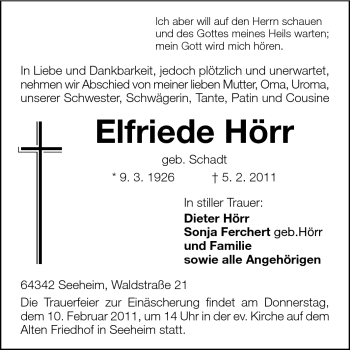 Traueranzeige von Elfriede Hörr von Darmstädter Echo, Odenwälder Echo, Rüsselsheimer Echo, Groß-Gerauer-Echo, Ried Echo