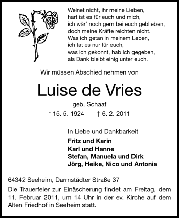 Traueranzeige von Luise de Vries von Echo-Zeitungen (Gesamtausgabe)