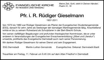 Traueranzeige von Rüdiger Gieselmann von Darmstädter Echo, Odenwälder Echo, Rüsselsheimer Echo, Groß-Gerauer-Echo, Ried Echo