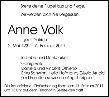 Traueranzeige von Anne Volk von Odenwälder Echo