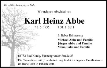 Traueranzeige von Karl Heinz Abbe von Odenwälder Echo