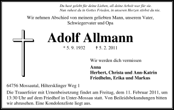 Traueranzeige von Adolf Allmann von Odenwälder Echo