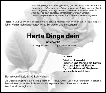 Traueranzeige von Herta Dingeldein von Odenwälder Echo