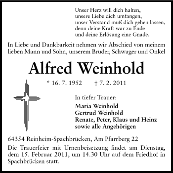 Traueranzeige von Alfred Weinhold von Darmstädter Echo, Odenwälder Echo, Rüsselsheimer Echo, Groß-Gerauer-Echo, Ried Echo