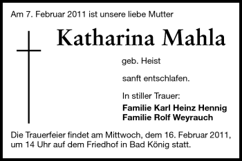 Traueranzeige von Katharina Mahla von Odenwälder Echo