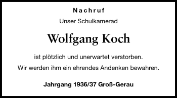 Traueranzeige von Wolfgang Koch von Rüsselsheimer Echo, Groß-Gerauer-Echo, Ried Echo