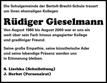 Traueranzeige von Rüdiger Gieselmann von Echo-Zeitungen (Gesamtausgabe)