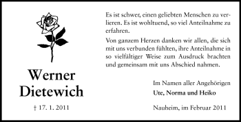 Traueranzeige von Werner Dietewich von Rüsselsheimer Echo, Groß-Gerauer-Echo, Ried Echo