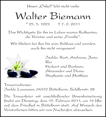 Traueranzeige von Walter Biemann von Rüsselsheimer Echo, Groß-Gerauer-Echo, Ried Echo