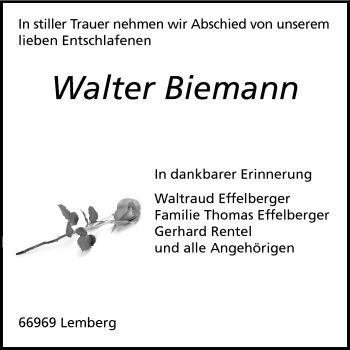 Traueranzeige von Walter Biemann von Rüsselsheimer Echo, Groß-Gerauer-Echo, Ried Echo