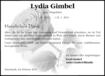 Traueranzeige von Lydia Gimbel von Darmstädter Echo, Odenwälder Echo, Rüsselsheimer Echo, Groß-Gerauer-Echo, Ried Echo