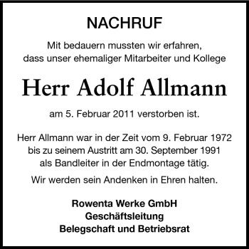 Traueranzeige von Adolf Allmann von Odenwälder Echo