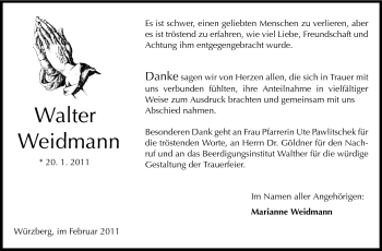 Traueranzeige von Walter Weidmann von Odenwälder Echo