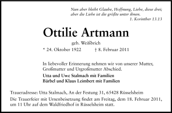 Traueranzeige von Ottilie Artmann von Rüsselsheimer Echo, Groß-Gerauer-Echo, Ried Echo