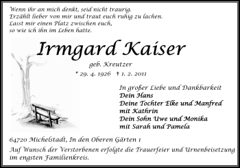 Traueranzeige von Irmgard Kaiser von Odenwälder Echo
