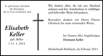 Traueranzeige von Elisabeth Keller von Odenwälder Echo