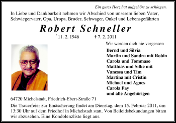 Traueranzeige von Robert Schneller von Odenwälder Echo