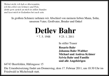 Traueranzeige von Detlev Bahr von Odenwälder Echo