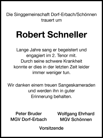 Traueranzeige von Robert Schneller von Odenwälder Echo
