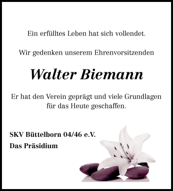 Traueranzeige von Walter Biemann von Rüsselsheimer Echo, Groß-Gerauer-Echo, Ried Echo