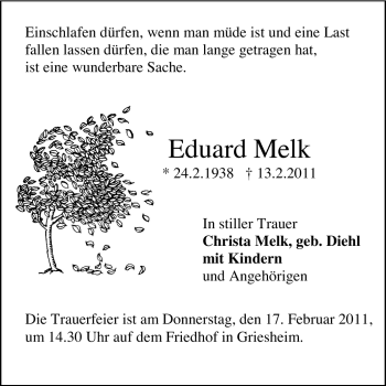 Traueranzeige von Eduard Melk von Echo-Zeitungen (Gesamtausgabe)