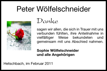 Traueranzeige von Peter Wölfelschneider von Odenwälder Echo