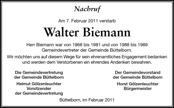 Traueranzeige von Walter Biemann von Rüsselsheimer Echo, Groß-Gerauer-Echo, Ried Echo
