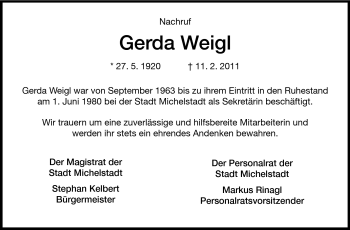 Traueranzeige von Weigl Gerda von Odenwälder Echo