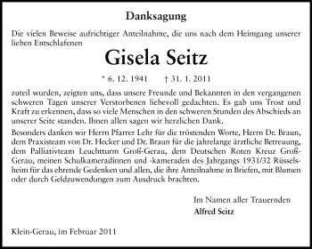 Traueranzeige von Gisela Seitz von Rüsselsheimer Echo, Groß-Gerauer-Echo, Ried Echo