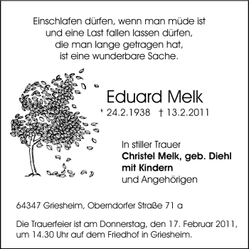 Traueranzeige von Eduard Melk von Echo-Zeitungen (Gesamtausgabe)