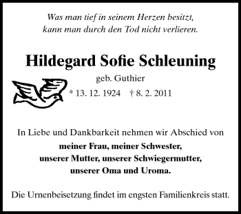 Traueranzeige von Hildegard Sofie Schleuning von Echo-Zeitungen (Gesamtausgabe)