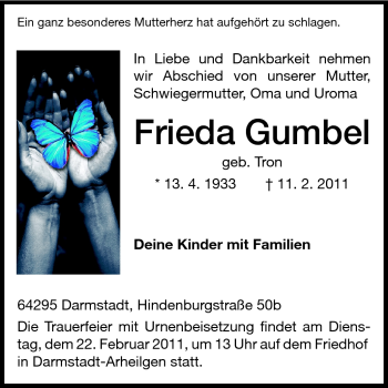 Traueranzeige von Frieda Gumbel von Echo-Zeitungen (Gesamtausgabe)