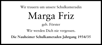Traueranzeige von Marga Friz von Rüsselsheimer Echo, Groß-Gerauer-Echo, Ried Echo