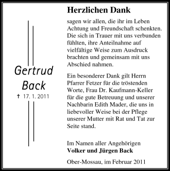 Traueranzeige von Gertrud Back von Odenwälder Echo