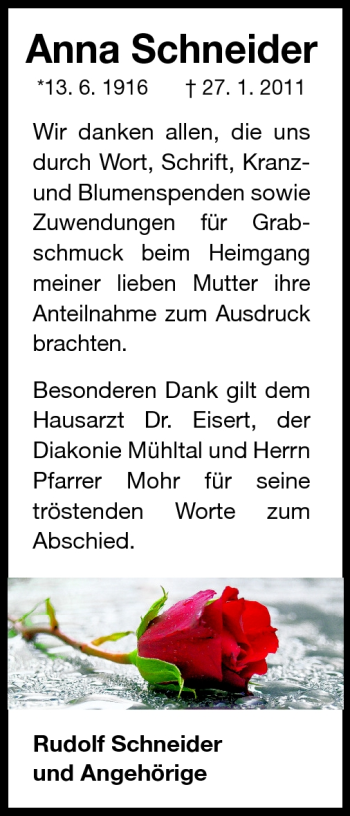 Traueranzeige von Anna Schneider von Echo-Zeitungen (Gesamtausgabe)