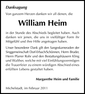 Traueranzeige von William Heim von Odenwälder Echo