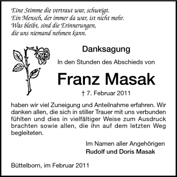 Traueranzeige von Franz Masak von Echo-Zeitungen (Gesamtausgabe)
