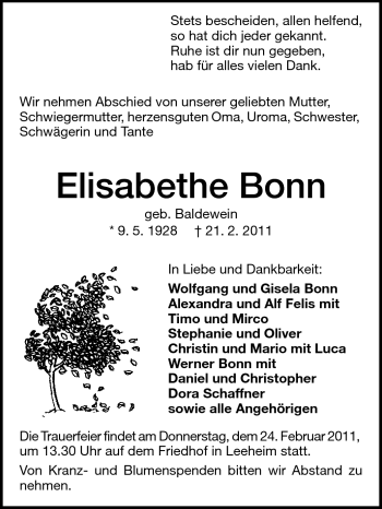 Traueranzeige von Elisabethe Bonn von Rüsselsheimer Echo, Groß-Gerauer-Echo, Ried Echo