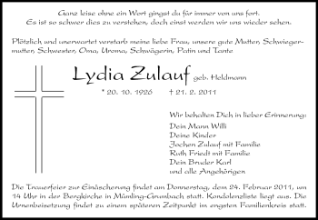 Traueranzeige von Lydia Zulauf von Echo-Zeitungen (Gesamtausgabe)