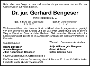 Traueranzeige von Gerhard Bengeser von Echo-Zeitungen (Gesamtausgabe)