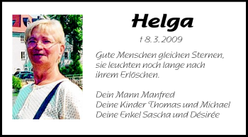 Traueranzeige von Helga - von Darmstädter Echo, Odenwälder Echo, Rüsselsheimer Echo, Groß-Gerauer-Echo, Ried Echo