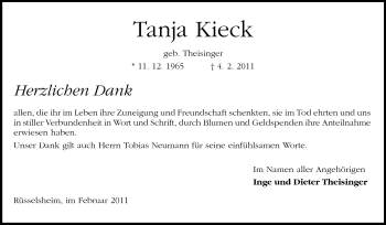 Traueranzeige von Tanja Kieck von Rüsselsheimer Echo, Groß-Gerauer-Echo, Ried Echo