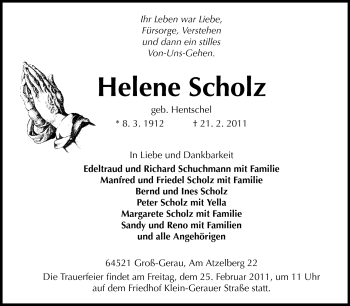 Traueranzeige von Helene Scholz von Rüsselsheimer Echo, Groß-Gerauer-Echo, Ried Echo