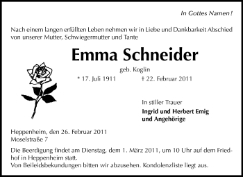 Traueranzeige von Emma Schneider von Starkenburger Echo