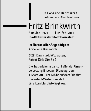 Traueranzeige von Fritz Brinkwirth von Echo-Zeitungen (Gesamtausgabe)